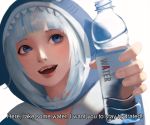  1girl absurdres blue_eyes bottle close-up darr1o english_text gawr_gura highres holding holding_bottle hololive hololive_english looking_up open_mouth realistic sharp_teeth solo subtitled teeth virtual_youtuber water_bottle white_background white_hair 