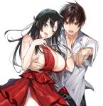  1boy 1girl bangs bare_shoulders belt black_hair breasts cleavage collared_shirt dress dress_shirt evening_gown kakao large_breasts long_hair one_eye_closed open_mouth original out_of_frame pants red_dress shirt short_sleeves standing white_shirt 