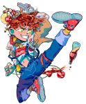  1boy battle_tendency brown_hair bulzizzang cherry coca-cola denim drinking_straw food food_on_head fork fruit fruit_on_head full_body green_eyes highres ice ice_cube jacket jeans jojo_no_kimyou_na_bouken joseph_joestar_(young) kicking lemon lemon_slice liquid_hair long_sleeves midriff_peek navel object_on_head pants parted_lips red_footwear red_nails shirt simple_background smile socks soda soda_bottle solo suspenders white_background white_shirt 