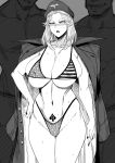  1girl 2boys american_flag_bikini bangs bikini black_beat breasts cleavage curvy dark_skin dark_skinned_male flag_print greyscale hand_on_hip hat highres jacket jacket_on_shoulders large_breasts long_hair military_hat monochrome multiple_boys navel nude original parted_bangs queen_of_spades spade_(shape) standing swimsuit tattoo thighs underboob 