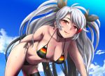  1girl :p absurdres antenna_hair arm_behind_back azur_lane bangs bare_shoulders bikini black_bikini black_choker black_ribbon blue_sky blush breasts choker cleavage cloud collarbone cowboy_shot day eyebrows_visible_through_hair flag_print german_flag german_flag_bikini groin hair_between_eyes hair_ribbon hanging_breasts highres iekuo large_breasts leaning_forward long_hair looking_at_viewer midriff mole mole_on_breast multicolored_hair navel outdoors prinz_eugen_(azur_lane) prinz_eugen_(unfading_smile)_(azur_lane) red_hair ribbon side-tie_bikini sidelocks silver_hair skindentation sky smile solo standing streaked_hair swept_bangs swimsuit thigh_strap tongue tongue_out two_side_up very_long_hair 
