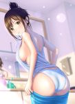  1girl ass back bangs bare_shoulders bathroom blue_pants blurry blush breasts brown_eyes brown_hair brushing_teeth cowboy_shot depth_of_field from_behind hair_bun head_tilt horizontal_stripes indoors lens_flare looking_at_viewer looking_back medium_breasts mirror morning mouth_hold no_bra original panties pants pants_pull pulled_by_self shiny shiny_skin short_hair sideboob sidelocks sleeveless solo standing striped striped_tank_top sunlight takapin tank_top toothbrush towel track_pants underwear 