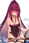  1girl absurdres black_swimsuit blush braid breasts choker cleavage covered_navel crown_braid eyebrows_visible_through_hair girls_frontline hair_between_eyes halterneck highres large_breasts long_hair looking_at_viewer non-web_source one-piece_swimsuit open_mouth ponytail purple_hair red_eyes scan sidelocks sitting solo soukou_makura swimsuit thigh_gap thigh_strap very_long_hair wa2000_(girls_frontline) 