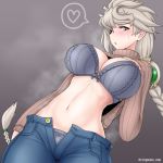  1girl :o asymmetrical_hair bangs blush bra braid breasts brown_background brown_sweater cleavage clothes_lift commentary_request cowboy_shot cypress denim eyebrows_visible_through_hair grey_bra grey_panties groin hair_between_eyes hair_ornament hand_on_own_chest heart jeans kantai_collection large_breasts long_hair long_sleeves looking_at_viewer midriff navel open_fly panties pants profile ribbed_sweater sidelocks silver_hair simple_background single_braid solo spoken_heart standing steam sweat sweater sweater_lift turtleneck turtleneck_sweater twitter_username underwear unryuu_(kantai_collection) very_long_hair wavy_hair yellow_eyes 