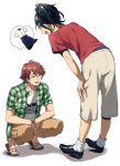  2boys :d akiyama_hiroyuki bangs black_footwear black_hair blue_eyes brown_hair brown_pants clothes_writing commentary_request employee_uniform eye_contact green_hair green_shirt hair_between_eyes hands_on_own_knees haru_(no_thank_you!!!) high_ponytail highres leaning_forward leg_hair looking_at_another male_focus multiple_boys no_thank_you!!! open_clothes open_mouth open_shirt pants plaid plaid_shirt red_shirt sandals sayshownen shadow shiny shiny_hair shirt shoes short_hair short_sleeves simple_background smile socks speech_bubble spoken_object squatting standing striped striped_legwear uniform vertical-striped_legwear vertical_stripes white_background white_shirt 