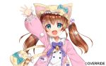  1girl :d animal_ears animal_hat arm_up bag bangs bell blue_eyes bow brown_hair brown_headwear cat_ears cat_hat character_request collared_dress commentary_request dress eyebrows_visible_through_hair fake_animal_ears girls_symphony green_bow green_eyes hair_between_eyes hat hat_bow jingle_bell lace-trimmed_collar lace_trim long_hair long_sleeves looking_at_viewer official_art open_mouth pico_(p_i_c_o) pink_dress plaid plaid_bow puffy_long_sleeves puffy_sleeves purple_bow shoulder_bag simple_background smile solo striped striped_bow twintails upper_body white_background 