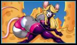  anthro big_butt blonde_hair butt cheese clothing dairy_products female food hair hi_res legwear lucidartdvc lying mammal mouse murid murine on_side rodent solo thigh_highs tisinrei 