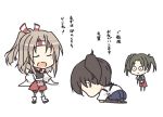  3girls apron blue_hakama brown_hair chibi closed_eyes commentary_request dark_green_hair dogeza grey_hair hachimaki hakama hakama_pants hakama_skirt headband high_ponytail japanese_clothes kaga_(kantai_collection) kantai_collection long_hair multiple_girls muneate nakadori_(movgnsk) red_hakama side_ponytail simple_background surprised thighhighs translation_request twintails white_background zuihou_(kantai_collection) zuikaku_(kantai_collection) 