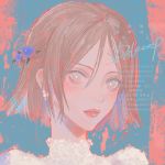 1girl blue_flower blush brown_eyes brown_hair cropped dekooop earrings english_text face flower hair_between_eyes hair_flower hair_ornament highres jewelry original parted_lips pink_lips short_hair signature single_earring solo turtleneck 