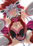  1girl absurdres ahoge all_fours blush breasts cameltoe covered_navel covered_nipples elbow_gloves gloves goridou hanging_breasts highres impossible_clothes large_breasts leotard light_purple_hair long_hair looking_at_viewer low_twintails purple_eyes red_leotard senki_zesshou_symphogear shiny shiny_clothes shiny_hair shiny_skin simple_background skin_tight solo sweat thighhighs twintails white_background yukine_chris 