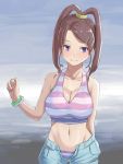  1girl amano_nene arm_behind_back bangs bare_shoulders bikini blush breasts brown_hair cleavage collarbone commentary_request cowboy_shot denim denim_shorts digimon digimon_xros_wars eyebrows_visible_through_hair groin hair_ornament hairclip hand_up high_ponytail highres long_hair looking_at_viewer medium_breasts midriff navel open_fly parted_bangs purple_bikini purple_eyes redrawn scrunchie short_shorts shorts sidelocks smile solo split_ponytail standing striped striped_bikini swimsuit white_bikini wrist_scrunchie xia_shiming 