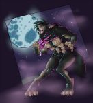  2019 8_breasts anthro breasts canid canine clothing digitigrade female full_moon grandstorm grass hair hi_res mammal moon multi_breast open_mouth solo standing star torn_clothing transformation were werecanid werecanine werewolf 