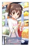  1girl :o absurdres akagi_miria brown_eyes brown_hair buchi_(y0u0ri_) commentary_request groceries highres idolmaster idolmaster_cinderella_girls indoors long_sleeves open_mouth print_shirt shelf shirt shopping shopping_basket short_hair solo supermarket t-shirt tote_bag two_side_up 