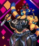  animal_crossing ankha_(animal_crossing) anthro big_breasts breasts cleavage clothed clothing domestic_cat felid feline felis female hi_res holding_knife huge_breasts knife mammal nintendo nipple_outline snao solo tisinrei video_games wide_hips 