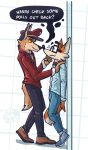  absurd_res anthro balkanfur black_ears black_nose canid canine canis clothed clothing duo eyewear fivey_fox flustered fox fur glasses hi_res hickory jackal leaning_over male male/male mammal nerd orange_body orange_fur orange_sclera pinned red_clothing red_fox simple_background text 