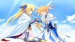  2girls blonde_hair closed_eyes cloud cloudy_sky couple fate_testarossa fist_bump flying happy kerorokjy long_hair looking_at_another lyrical_nanoha mahou_shoujo_lyrical_nanoha mahou_shoujo_lyrical_nanoha_a&#039;s multiple_girls open_mouth orange_hair red_eyes short_hair short_twintails sky smile takamachi_nanoha twintails yuri 