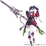  1girl armor belt black_footwear black_gloves closed_mouth eyebrows_visible_through_hair fingerless_gloves fuyuno_yuuki gloves holding holding_polearm holding_spear holding_weapon japanese_clothes official_art partially_fingerless_gloves patterned patterned_clothing pauldrons polearm ponytail purple_eyes purple_hair sennen_sensou_aigis shoulder_armor side_ponytail simple_background smile solo spear talisman thigh_strap thighhighs tomoe_(sennen_sensou_aigis) weapon white_background white_legwear 