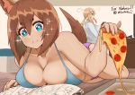  animal_humanoid big_breasts blue_eyes book breasts brown_hair canid canid_humanoid canine canine_humanoid cleavage clothed clothing duo eating female food hair humanoid mammal mammal_humanoid pizza rirouku 