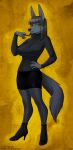  2015 5_fingers anthro anubian_jackal big_breasts black_hair black_nose bottomwear breasts canid canine canis clothing curvy_figure ear_piercing ear_ring female fingers footwear fur green_eyes grey_body grey_fur hair high_heels jackal mammal nightshade_(kadath) nim-nim piercing shoes signature skirt solo 