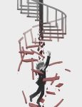  1other absurdres ambiguous_gender arms_up avogado6 black_clothes breaking brown_hair commentary crack falling full_body gakuran highres looking_up original pole reaching school_uniform shards simple_background spiral_staircase stairs white_background 