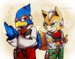  2014 anthro avian bandanna beak belt bird blue_body blue_eyes blue_feathers canid canine clothing duo eyebrows falco_lombardi feathers fox fox_mccloud fur half-closed_eyes jacket kerchief kyubi_(artist) looking_at_another male mammal narrowed_eyes nintendo orange_body orange_fur red_body red_feathers signature smile standing star_fox tail_feathers tan_body tan_fur topwear video_games 