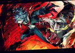  1boy animal blue_hair brick brick_wall claws clenched_hand edmond_dantes_(fate/grand_order) fate_(series) gankutsuou glowing glowing_eye grin highres male_focus nexie open_mouth parted_lips sharp_teeth smile teeth tiger tongue tongue_out white_tiger 