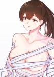  1girl 2ealot bandages bare_shoulders breasts brown_eyes brown_hair cleavage collarbone eyebrows_visible_through_hair highres kaga_(kantai_collection) kantai_collection large_breasts long_hair side_ponytail simple_background solo upper_body white_background 