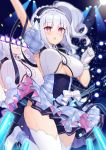  1girl absurdres arm_up azur_lane bangs blurry blush breasts center_frills clothing_cutout commentary_request dido_(azur_lane) dido_(muse)_(azur_lane) eyebrows_visible_through_hair frilled_headband frills gloves highres idol idol_clothes large_breasts light_stick maid_headdress open_mouth pink_eyes side_ponytail silver_hair stage stage_lights sweat t@ke-g thighhighs thighs underboob underboob_cutout white_footwear white_gloves white_legwear 