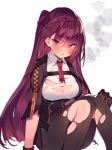 1girl absurdres bangs blush braid breasts cleavage eyebrows_visible_through_hair french_braid girls_frontline gloves hair_ribbon highres large_breasts long_hair necktie non-web_source one_side_up open_mouth pantyhose purple_hair red_eyes red_neckwear ribbon scan simple_background sitting smoke solo soukou_makura sweat torn_clothes torn_legwear torn_necktie wa2000_(girls_frontline) white_background 
