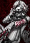  1boy absurdres akudama_drive arm_wrap bandaged_hand bandages blood blood_on_face bloody_clothes bloody_weapon closed_eyes cutthroat_(akudama_drive) eyepatch flower greyscale highres holding holding_knife holding_weapon knife long_sleeves male_focus mole mole_under_eye monochrome nemuritaa open_mouth pale_skin parted_lips red_flower red_rose rose spot_color weapon 
