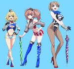  3girls alternate_costume american_flag american_flag_print atlanta_(kantai_collection) black_gloves black_legwear black_panties blonde_hair blue_background blue_eyes blue_footwear blue_scarf boots breasts brown_hair closed_umbrella clothes_writing colorado_(kantai_collection) cropped_jacket earrings eyebrows_visible_through_hair flag_print full_body garrison_cap gloves grey_eyes grey_headwear hands_on_own_chest hat high_heel_boots high_heels highleg highleg_panties highres holding holding_umbrella huge_breasts ifuji_shinsen intrepid_(kantai_collection) jewelry kantai_collection large_breasts leotard long_hair long_sleeves midriff multicolored multicolored_clothes multicolored_gloves multicolored_leotard multiple_girls navel off_shoulder open_mouth panties pantyhose partially_fingerless_gloves ponytail race_queen red_footwear scarf short_hair short_shorts shorts side_braids simple_background skirt standing star_(symbol) star_earrings thigh_boots thighhighs twitter_username two_side_up umbrella underwear white_footwear white_gloves white_shorts 