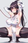  1girl adapted_costume armpits arms_up azur_lane bangs black_hair black_legwear blush bow breasts collar collarbone eyebrows_visible_through_hair fuya_(tempupupu) gloves grey_background hair_bow high_ponytail large_breasts leash long_hair looking_at_viewer open_mouth ponytail simple_background solo spread_legs squatting sweat takao_(azur_lane) thighhighs very_long_hair white_bow white_gloves yellow_eyes 