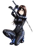  1girl arms_up bangs black_bodysuit blush bodysuit breasts brown_hair gantz gantz_suit holding holding_sword holding_weapon katana knee_up large_breasts long_hair looking_at_viewer one_knee over_shoulder parted_bangs parted_lips shimohira_reika shiny shiny_clothes shoes simple_background solo sword takapin weapon weapon_over_shoulder 