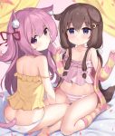  2drr 2girls :o animal_ear_fluff animal_ears ass azur_lane bangs bare_arms bare_legs bare_shoulders barefoot bed_sheet blush brown_hair camisole cat_ears cat_girl cat_tail closed_mouth commentary_request crescent crescent_hair_ornament curtains dog_ears dog_girl dog_tail eyebrows_visible_through_hair fumizuki_(azur_lane) hair_between_eyes hair_ornament hair_ribbon hairclip hands_up highres jacket kisaragi_(azur_lane) kneehighs long_hair long_sleeves looking_at_viewer looking_back low_twintails multiple_girls navel no_shoes one_side_up open_clothes open_jacket panties parted_lips petals pinching_sleeves pink_camisole pink_hair purple_eyes red_ribbon ribbon sleeves_past_wrists soles strap_slip striped striped_jacket striped_legwear striped_panties tail twintails underwear underwear_only very_long_hair white_panties yellow_camisole 