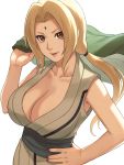  1girl blonde_hair breasts breasts_day brown_eyes cleavage commentary_request eyeliner facial_mark fingernails forehead_mark hand_on_hip highres jacket jacket_removed japanese_clothes large_breasts lips lipstick looking_at_viewer low_ponytail makeup nail_polish naruto naruto_(series) sash sleeveless solo tsunade yuko666 