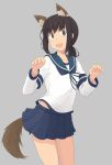  1girl :d animal_ear_fluff animal_ears aqua_eyes black_hair blue_neckwear blue_sailor_collar blue_skirt claw_pose cowboy_shot eyebrows_visible_through_hair fubuki_(kantai_collection) grey_background kantai_collection kugui_kiyunemu looking_at_viewer low_ponytail neckerchief open_mouth pleated_skirt ponytail sailor_collar school_uniform serafuku short_ponytail sidelocks simple_background skirt smile solo tail wolf_ears wolf_tail 