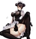  1girl absurdres agent_(girls_frontline) black_hair blush breasts censored double_bun dr._killerwhale dress dress_lift girls_frontline heavy_breathing highres large_breasts no_panties solo yellow_eyes 