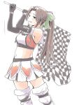  1girl adapted_costume alternate_hairstyle black_gloves brown_eyes brown_hair character_name checkered checkered_flag cowboy_shot elbow_gloves flag from_side gloves half_updo highres holding holding_flag jintsuu_(kantai_collection) kantai_collection long_hair looking_at_viewer midriff navel ponytail simple_background skirt solo thighhighs vent_arbre white_background 
