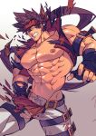  1boy abs bara bare_chest brown_hair bulge chest collaboration exploding_clothes fingerless_gloves gloves guilty_gear harness headband highres long_hair male_focus muscle na_insoo navel nipples oneirio pants ponytail sol_badguy solo spiked_hair thick_thighs thighs white_pants yellow_eyes 