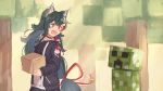  1girl alternate_costume animal_ears black_hair block casual creeper forest hair_between_eyes hair_ornament hairclip hololive jacket long_hair looking_back minecraft nature neko_no_hoppe ookami_mio open_mouth surprised virtual_youtuber wolf_ears yellow_eyes 