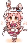  1girl :d absurdres animal_ears animal_hat bandaged_arm bandaged_hands bandages bangs beamed_eighth_notes blush bow braid brown_eyes bunny_ears bunny_hair_ornament bunny_hat chibi commentary_request eighth_note eyebrows_visible_through_hair fake_animal_ears full_body hair_ornament hana_kazari hat highres long_hair looking_at_viewer low_twintails mimi_(princess_connect!) musical_note navel open_mouth parted_bangs pink_footwear pink_hair pink_headwear pleated_skirt princess_connect! princess_connect!_re:dive purple_bow purple_skirt skirt smile solo striped striped_legwear thighhighs twin_braids twintails very_long_hair walking white_background 