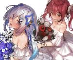  2girls :d akieda amane_kanata anger_vein bangs bare_shoulders black_choker blue_flower blue_hair blue_rose bouquet choker collarbone colored_inner_hair commentary_request dress eyebrows_visible_through_hair fang flower hair_between_eyes highres hololive houshou_marine long_hair looking_at_another multicolored_hair multiple_girls off-shoulder_dress off_shoulder open_mouth poking red_eyes red_flower red_hair red_rose rose short_sleeves simple_background skin_fang smile streaked_hair twintails virtual_youtuber wedding_dress white_dress white_flower white_rose yellow_eyes 