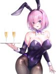  1girl absurdres alcohol animal_ears bare_shoulders black_legwear bow bowtie breasts bunny_ears champagne champagne_flute cleavage collarbone commentary_request covered_navel cup detached_collar drinking_glass eyebrows_visible_through_hair eyes_visible_through_hair fate/grand_order fate_(series) fishnet_legwear fishnets hair_over_one_eye highres large_breasts m.tokotsu mash_kyrielight open_mouth pantyhose pink_hair playboy_bunny purple_eyes purple_neckwear short_hair simple_background smile solo white_background 