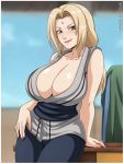  1girl arm_support blonde_hair blurry blurry_background blush breasts breasts_day brown_hair cleavage closed_mouth collarbone english_commentary facial_mark forehead_mark huge_breasts japanese_clothes kimono lips long_hair looking_at_viewer mature nail_polish naruto_(series) sano_br sash shiny shiny_hair shiny_skin smile solo standing table tied_hair tsunade 