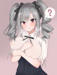  1girl ? absurdres argule0901 blush breasts drill_hair highres idolmaster idolmaster_cinderella_girls kanzaki_ranko lactation lactation_through_clothes large_breasts long_hair looking_at_viewer nipples open_mouth red_eyes ribbon silver_hair simple_background solo tears twin_drills twintails 