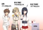  3girls ahoge alternate_costume bangs black_hair black_legwear black_neckwear blue_eyes brown_eyes brown_hair collared_shirt commentary_request cowboy_shot detached_sleeves election fusou_(kantai_collection) glasses hair_ornament hairband hakama hakama_skirt japanese_clothes kantai_collection katori_(kantai_collection) kongou_(kantai_collection) long_hair long_sleeves misumi_(niku-kyu) multiple_girls necktie nontraditional_miko pants pantyhose parted_bangs red_eyes red_hakama shirt skirt standing translation_request twitter_username white_pants wide_sleeves 