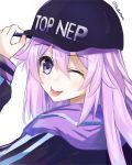  ;p adjusting_clothes adjusting_headwear adult_neptune bimmy black_jacket blush eyebrows_visible_through_hair face from_behind highres jacket long_hair looking_at_viewer meme_attire neptune_(series) one_eye_closed portrait purple_eyes purple_hair shin_jigen_game_neptune_vii simple_background tongue tongue_out top_nep_hat twitter_username white_background 