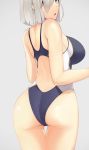  1girl absurdres ass blue_eyes blue_swimsuit breasts competition_swimsuit grey_background hair_over_one_eye hamakaze_(kantai_collection) highres kantai_collection large_breasts looking_at_viewer one-piece_swimsuit parted_lips short_hair sideboob silver_hair simple_background solo swimsuit wasavi_8 
