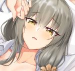  1girl bed blush collarbone eyebrows_visible_through_hair girls_frontline grey_hair hands_up helianthus_(girls_frontline) long_hair looking_at_viewer lying nail_polish on_back open_clothes open_mouth open_shirt saett shirt simple_background solo_focus white_shirt yellow_eyes 