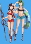  2girls absurdres alternate_costume bikini bikini_under_clothes black_bikini black_hair black_swimsuit blue_background breasts breasts_apart cleavage collarbone ebinku edain_(fire_emblem) eyewear_on_head fire_emblem fire_emblem:_thracia_776 floral_print flower green_eyes green_hair groin hair_flower hair_ornament headband highres holding holding_polearm holding_weapon innertube looking_at_viewer looking_down medium_breasts medium_hair misha_(fire_emblem) multiple_girls navel open_clothes open_fly open_shirt open_shorts polearm red_eyes red_swimsuit sandals serious shirt short_hair short_shorts shorts side-tie_bikini simple_background sunglasses swimsuit trident unbuttoned weapon 